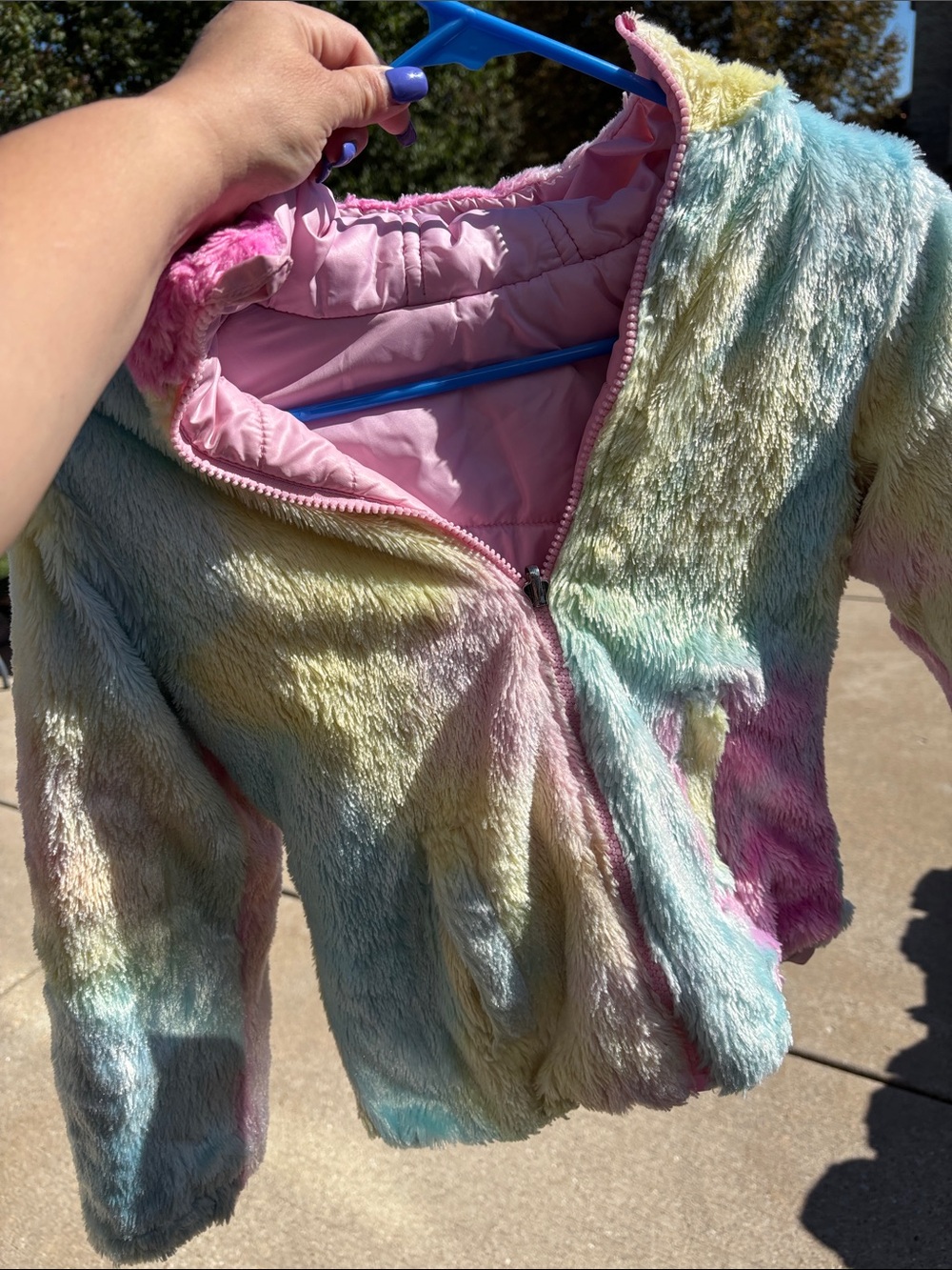 Madden Girl Pastel Rainbow Plush Puffer Jacket with Pink Lining